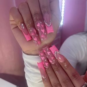 NEW:Long Glitter Pinkish French Tip Press On Nails with Hearts & Rhinestones